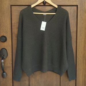 VINCE Yak Wool Blend V-Neck Ribbed Sweater Drop Shoulder Cable knit